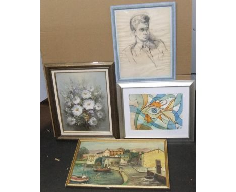 4 pictures by differing artists including a 1961 charcoal portrait by Ceri BARCLAY (Wales born 1937),The others being 2 oils 
