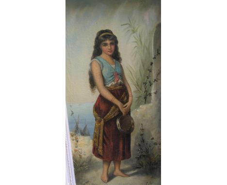 E Joli, late 19thC, full length oil on canvas portrait of an Arab girl, signed, in original ornate frame which has been over-