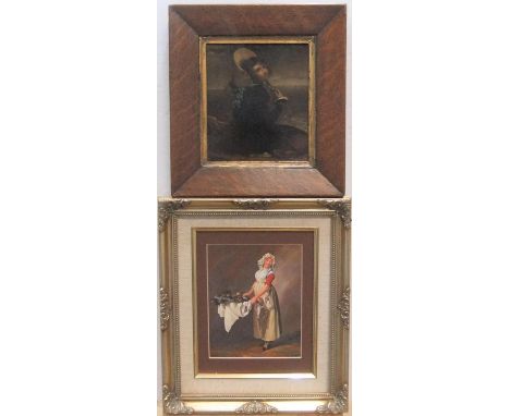2 small, good quality female portraits, 1 a 19thC print on metal in original rosewood frame, the other a 20thC oil portrait o