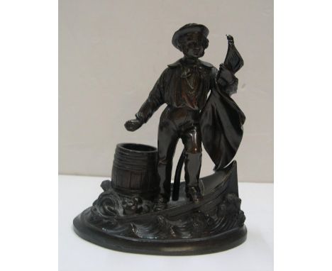 Victorian bronze matchbox holder depicting a sailor at a ships bow, unsigned13 cm high,         700 grams 