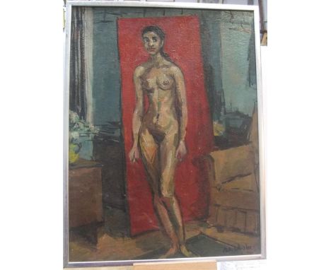 Peter COLLINS (1923-2001) oil "Full-length oil on card, portrait of a black woman", signed and studio stamped, in thin frame,