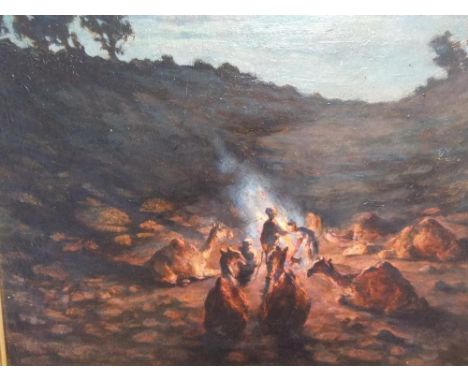 Indistinctly signed 1914 Middle east oil on board, painting depicting Arabs & camels around a camp fire", indistinctly signed