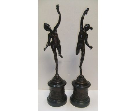 High quality pair of large 19thC Continental school bronze statues on black marble plinths.Both measure approx 60 cm high 