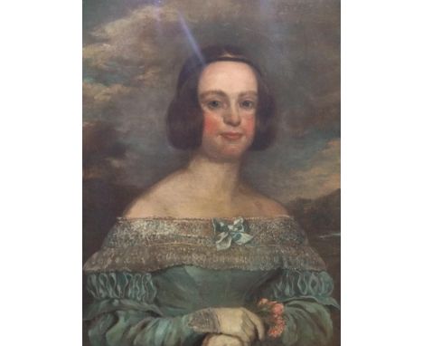 Large, good quality, unsigned oil on relined canvas portrait of a mid 19thC English lady, thin wood frame,76 x 64 cmCondition