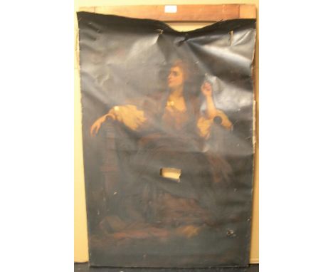 Large 18thC oil on canvas, portrait of a lady, manner of Gainsborough - for restoration, unframed,118 x 75 cmRequires restora