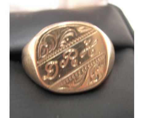 9ct yellow gold, gents signet ring, initialled D.R.MApprox 9 grams,                size U 
