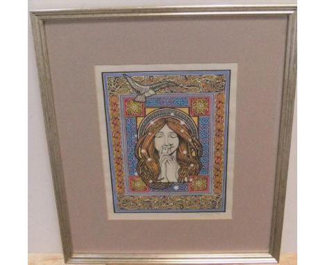 Courtney Davis 1989 gouache "Modernist Gaelic mythical portrait of a young lady" signed and framed29 x 22 cmGood condition 