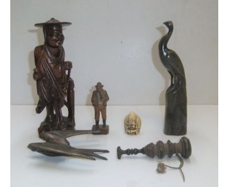 Goog collection of 6 antique quality collectables to include a carved Netsuke, carved figures &amp; a bronze bird etc 