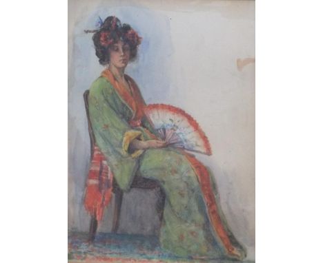 Early 20thC watercolour portrait of a seated lady in a kimono, initialled W.A.B, framed and glazed33 x 25 cmGood strong colou