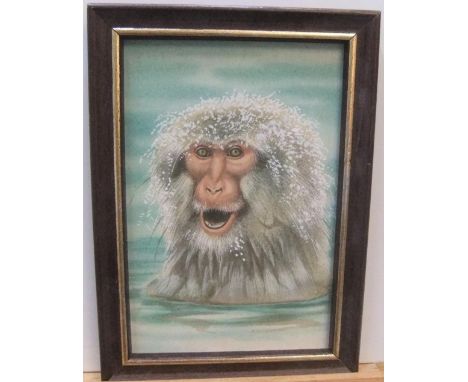 Unsigned vintage watercolour portrait of a young Japanese snow monkey in water, framed,14 x 9 cm 
