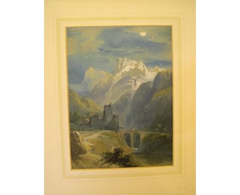 Richard Principal Leitch (c1800-c1880) watercolour "Alpine castle by moon-light", signed and indistinctly dated, mounted but 