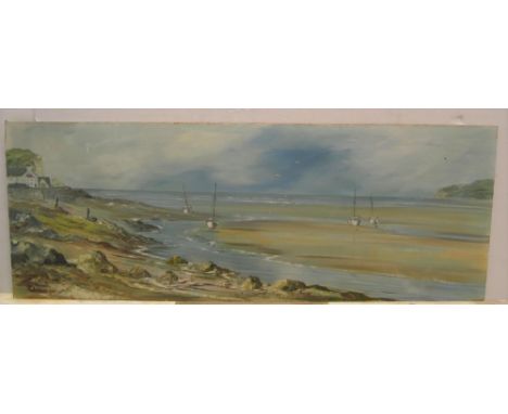 Jill Mickle 1981 impressionist oil on board,"Estuary at low tide", unframed31 x 81 cmGenerally fine and clean although there 