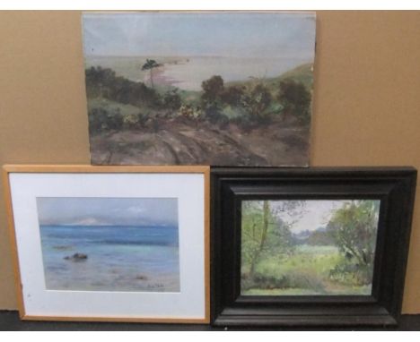 2 oil landscapes, 1 framed and a pastel seascape, all by different hands,Average size is approx 32 x 48 cm 