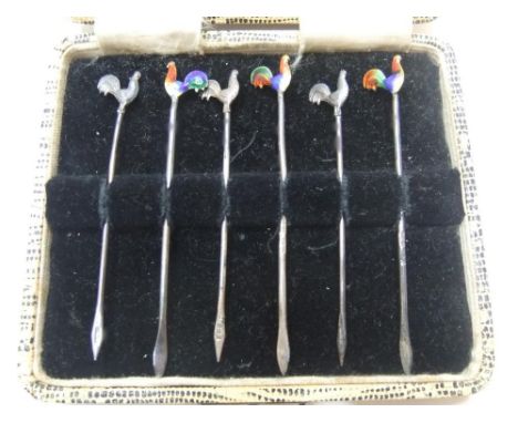 6 hallmarked silver and enamel cocktail sticks in original case Good condition