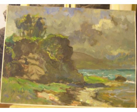 John Constable (20thC) oil on board "Rocky coastal scene at Lyme Regis", inscribed verso, unframed.23 x 32 cmFine and clean 