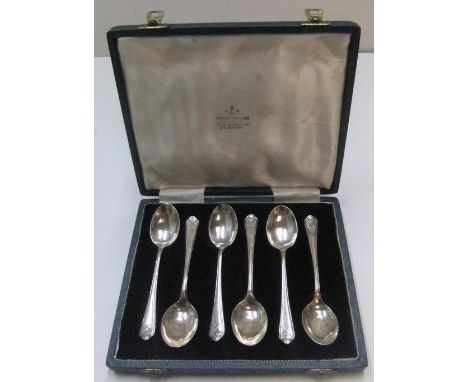 6 Scottish cased, old silver tea spoons with golf logo engraved to each spoon 