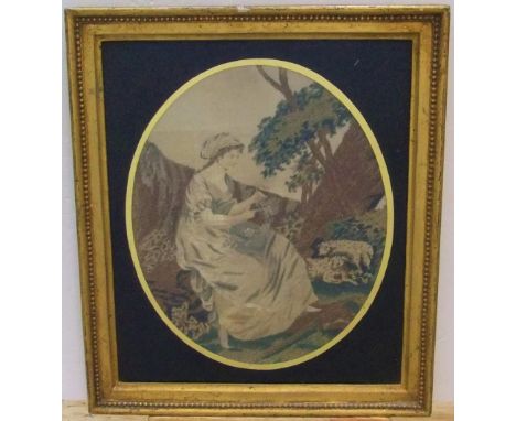 Georgian woolwork tapestry in original frame & verre eglomise mount,32 x 26 cmVery good condition for its age 