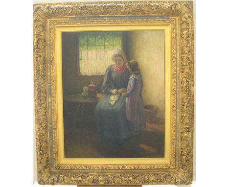 Exhibited, John Patrick DOWNIE (1871-1945) oil on board, "The First Lesson", signed and in original ornate gilt frame,Exhibit