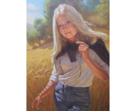 Large, indistinctly signed (possibly MORTELMANS) full length oil on canvas, portrait of lady in a field, in original 1970s fr