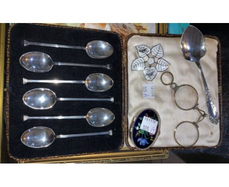 A set of 6 silver coffee spoons with seal tops; a silver preserve spoon; a trinket box; a pair of lorgnettes; an enamel brooc