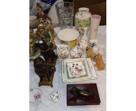 A pair of composition dog bookends; another similar figure; a selection of Wedgwood and other bone china pieces 