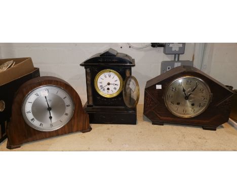 A Victorian mantel clock in architectural black marble case; 2 1930's mantel clocks 