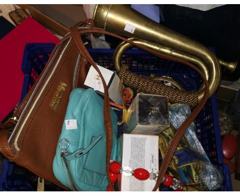 A brass bugle; costume jewellery; etc. 