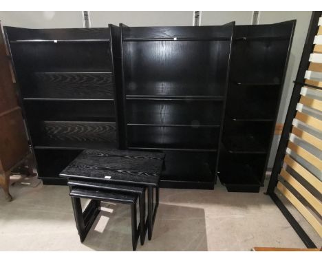 A modern 'G-Plan' pair of 'Black Ash' bookcases, with corner shelf unit and matching nest of 3 occasional tables 