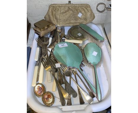 A white metal and enamel 3 piece dressing table set; a purse; a selection of silver plate cutlery; etc. 