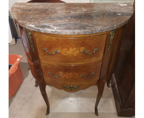 A French inlaid kingwood demi-lune commode, fitted 2 drawers, marble top, 68 cm; a Georgian style drum top table 