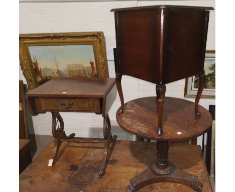 A 19th century mahogany pedestal occasional table with circular top (reduced) a workbox/occasional table; a reproduction dwar