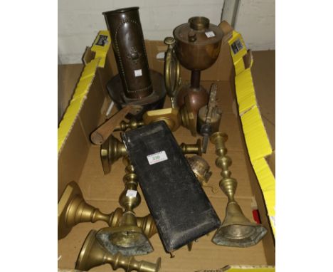 A copper oil lamp, an Arts &amp; Crafts style copper poker stand and a selection of metalware 