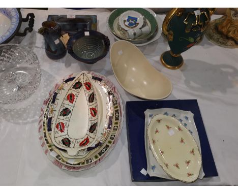 Three pieces of Irish Colm De Rís pottery; a Charlotte Rhead style bowl by Crown Ducal 