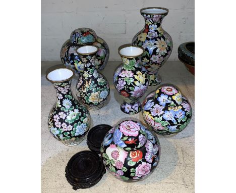 A Chinese enamel on brass ginger jar; 2 smaller ginger jars; a pair of matching vases; 2 others 