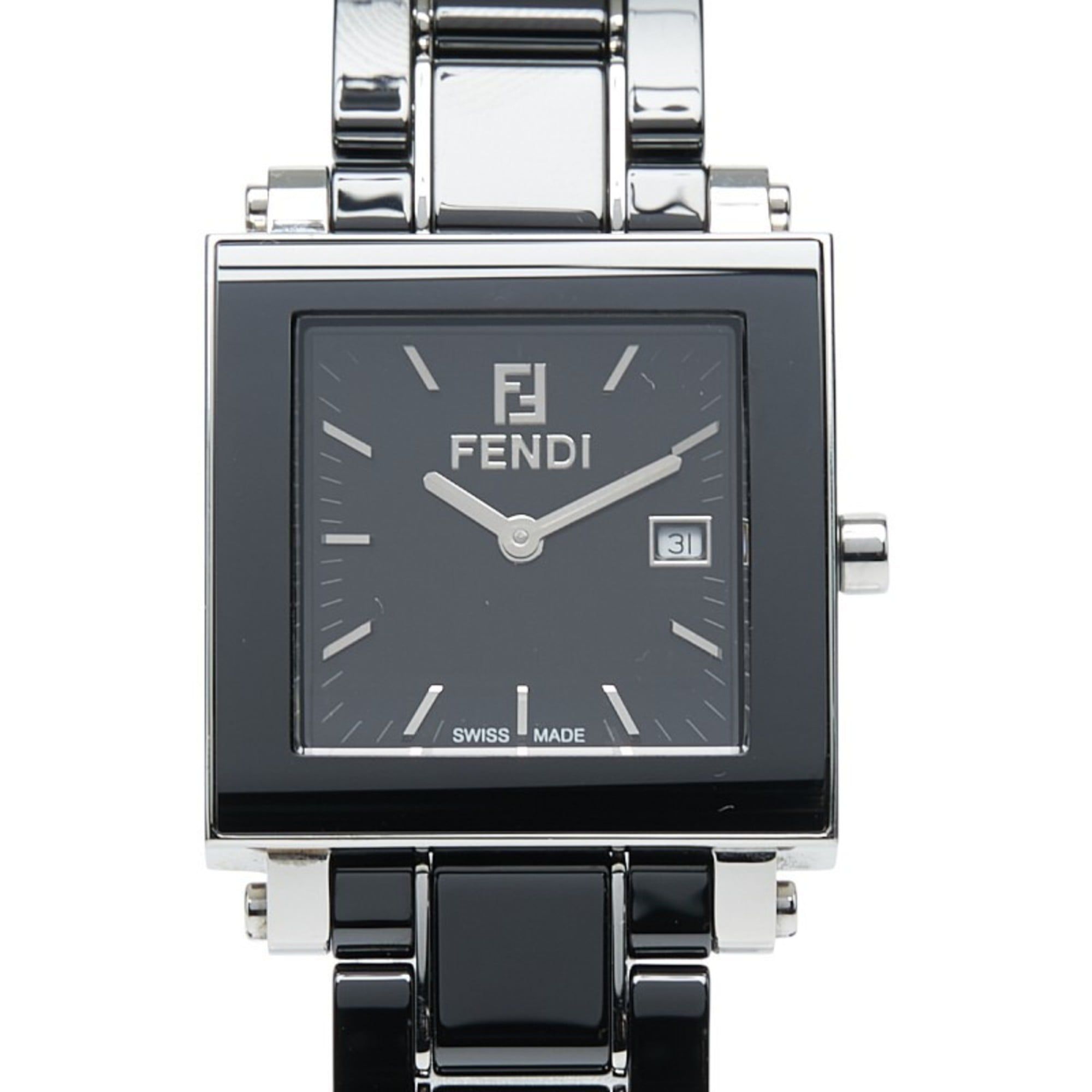 Fendi Quadro Watch 6200G Quartz Black Dial Ceramic Stainless Steel Men's FENDI