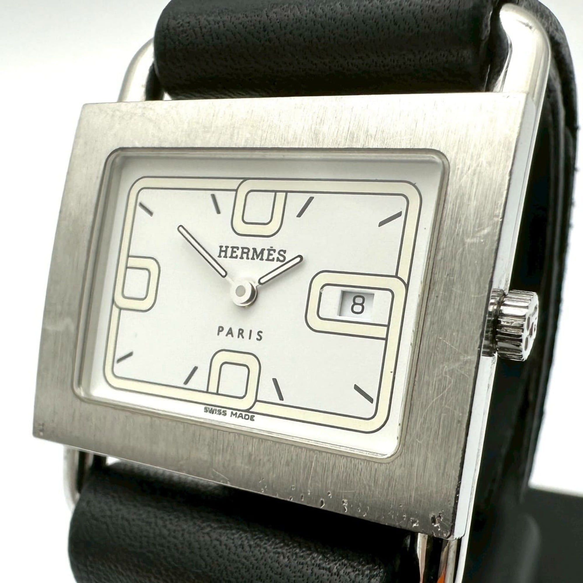 HERMES Barenia Date Watch BA1.510 SS Leather Quartz Movement White Black Women's Buckle