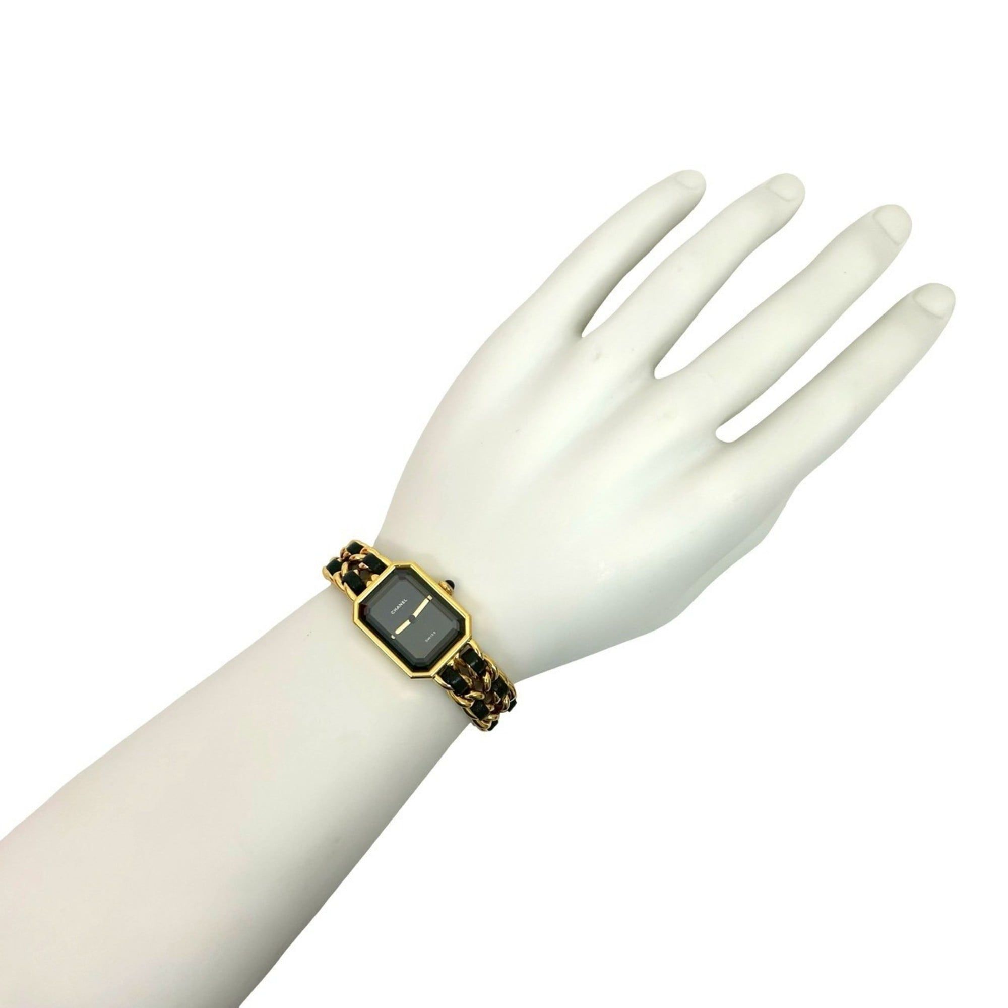 CHANEL Premiere Stainless Steel and Leather Quartz Wristwatch in Gold Black (23978)