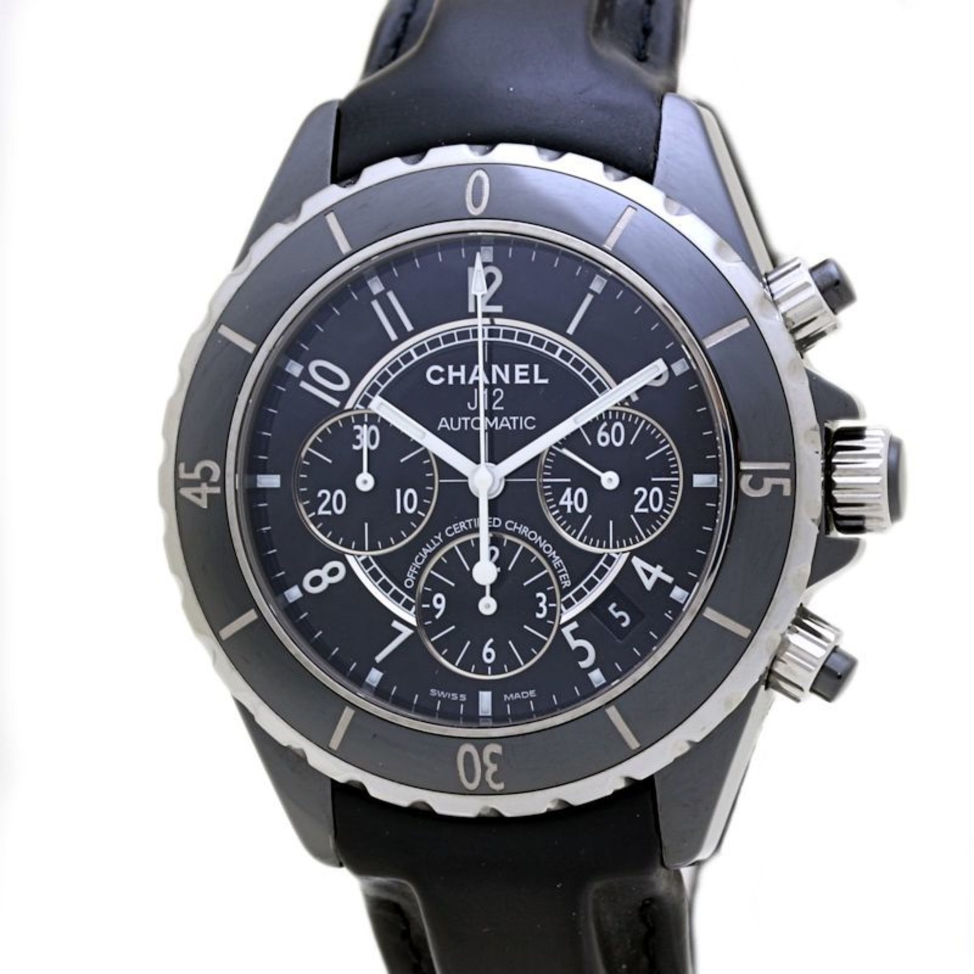 CHANEL J12 Chronograph Date H0938 Men's Watch in Black Ceramic, Stainless Steel, and Leather Finish