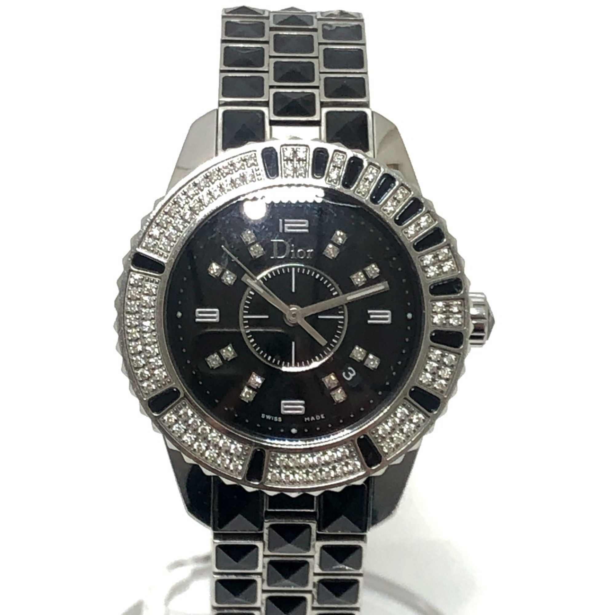 Dior CD113119 Crystal Diamond Bezel 16P Quartz Date Watch Round Face Stainless Steel Women's Silver