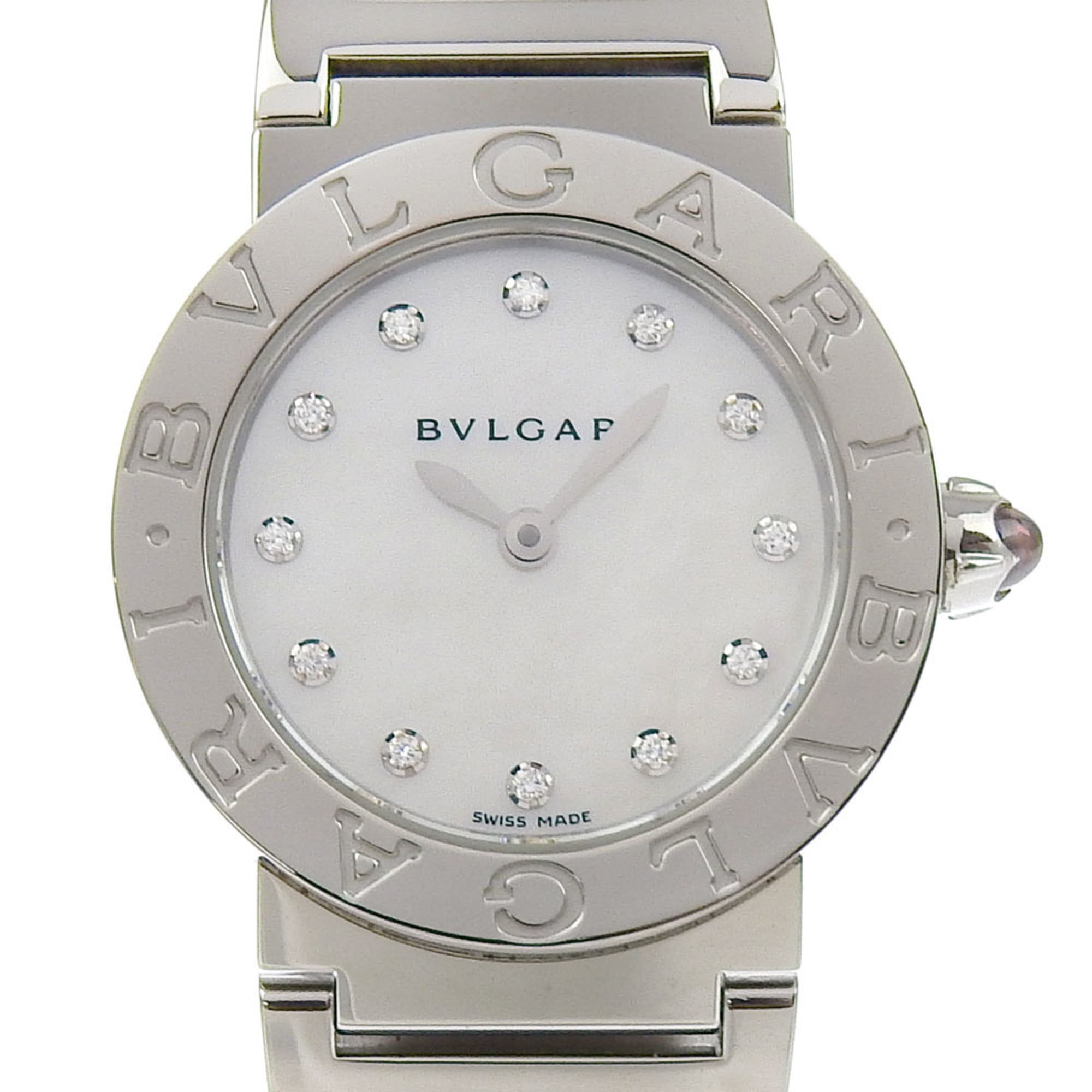 BVLGARI BBL26S White Shell Dial 12P Diamond SS Quartz Wristwatch 26mm Ladies