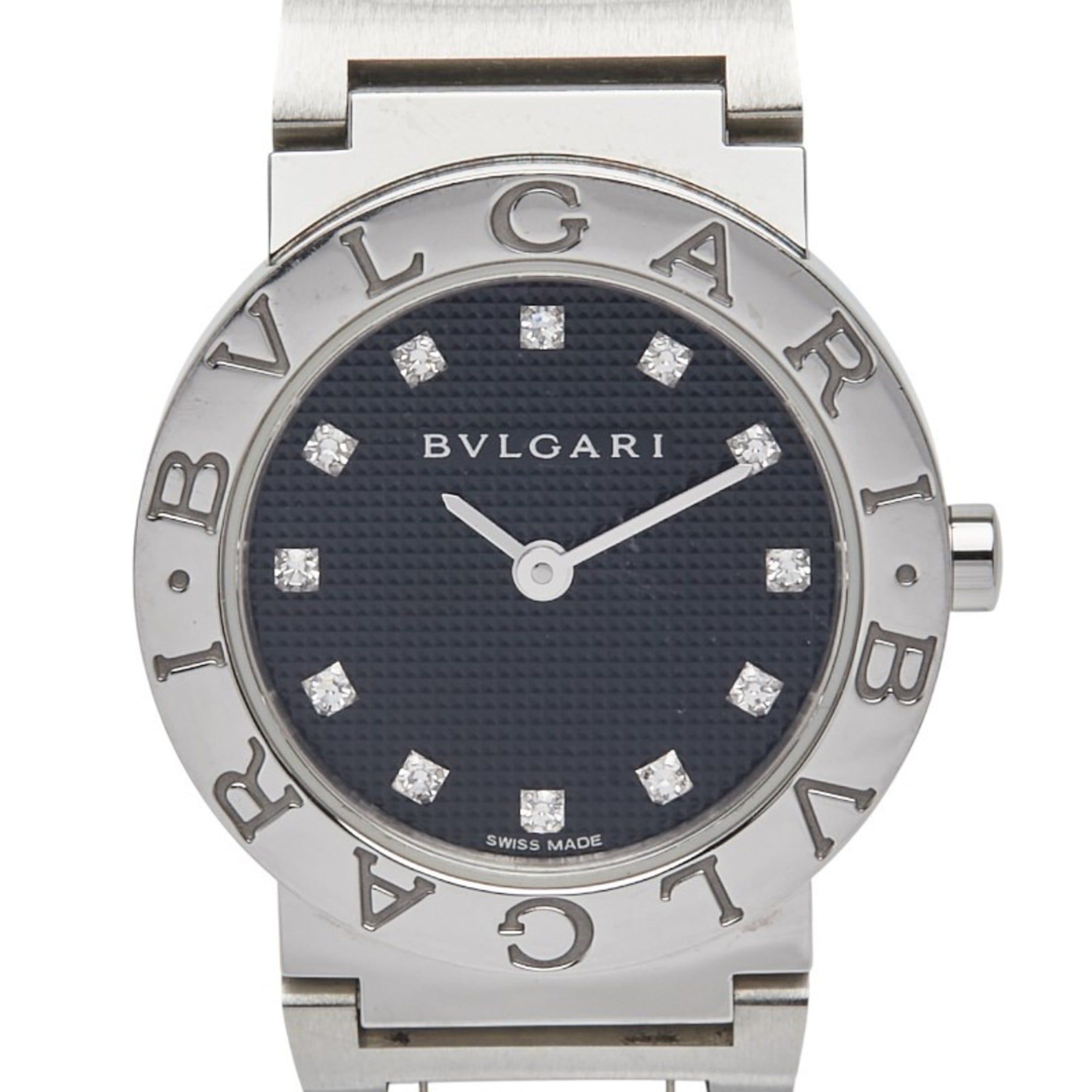 BVLGARI 12P Diamond Watch BBL26S Quartz Black Dial Stainless Steel Women's