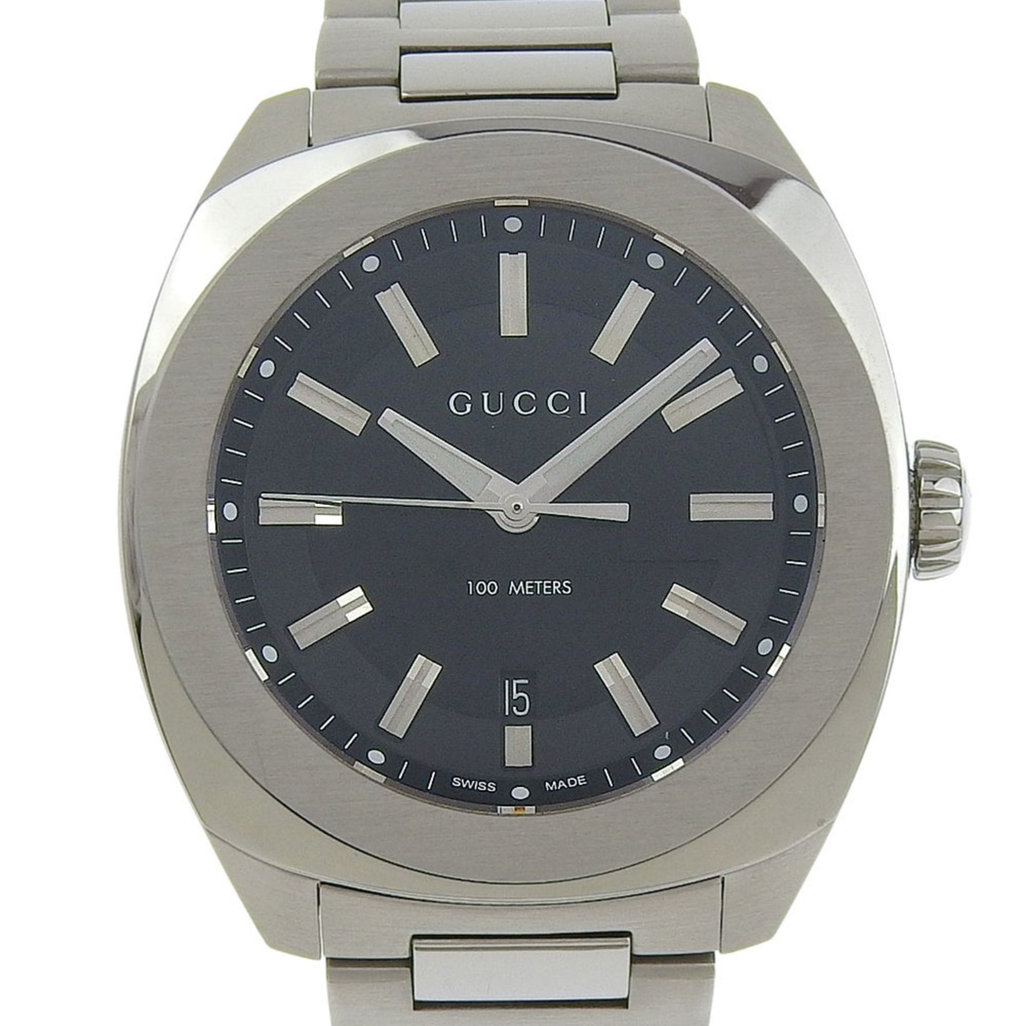 Gucci Date 100m YA142201 142 2 Black Dial Stainless Steel Quartz Watch with Battery, 43mm Men's