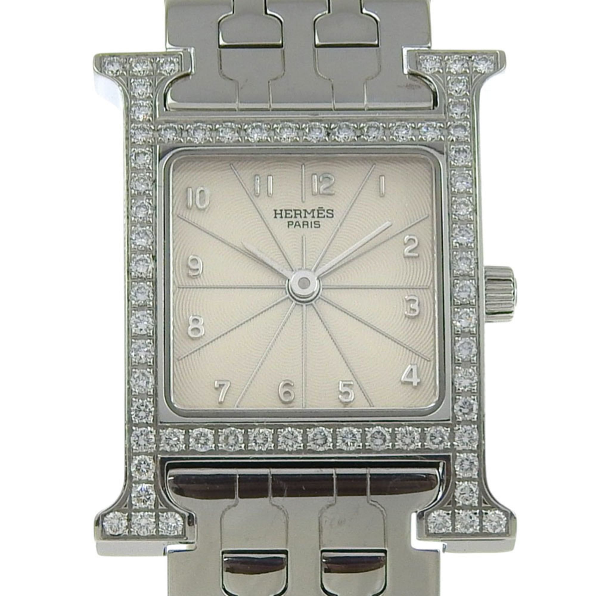 Hermès H Watch HH1.230, Diamond Bezel, Stainless Steel, Quartz Movement, Analog Display, White Dial,