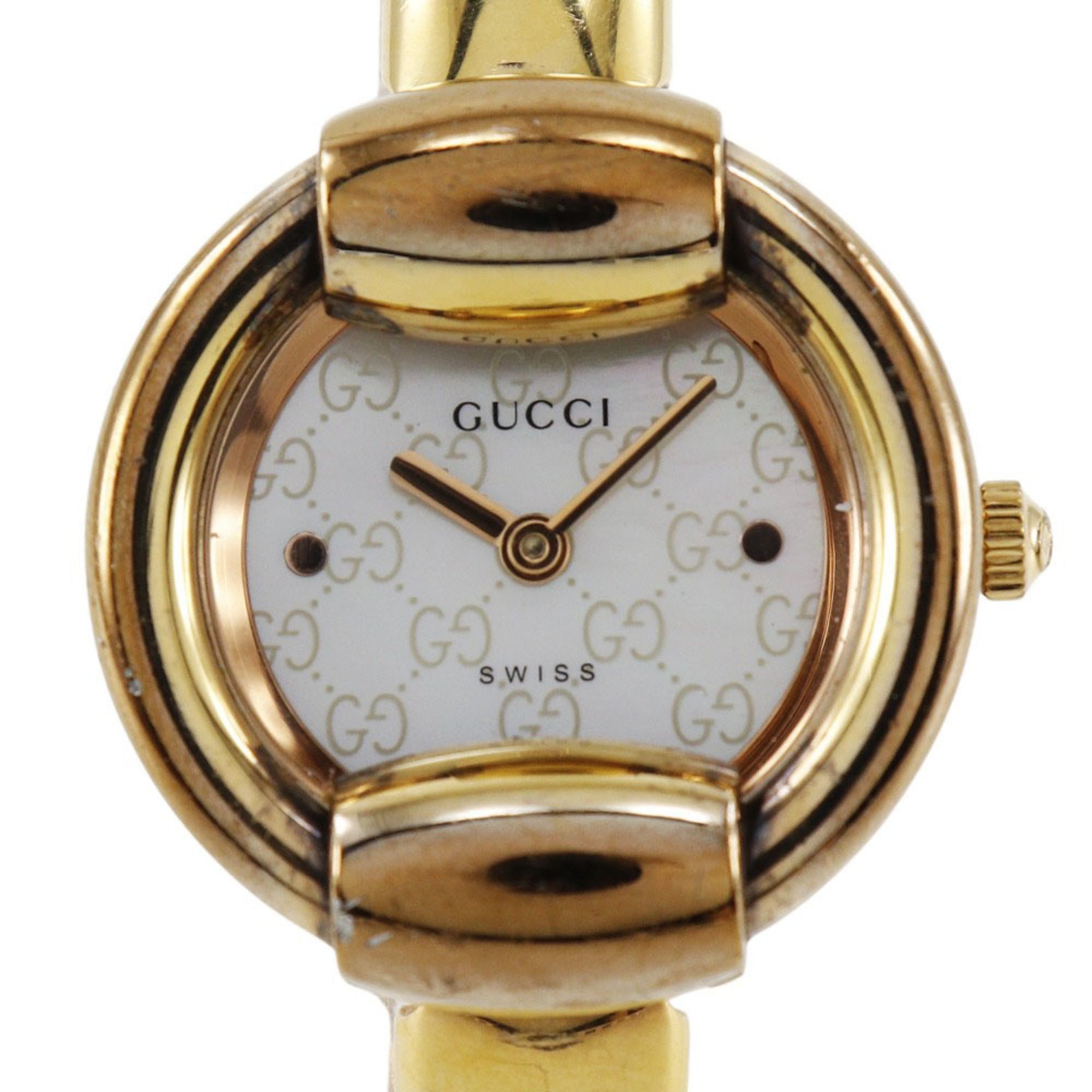 Gucci 1400L Women's Watch, Gold-Plated Stainless Steel, Quartz Movement, Analog Display, White Shell