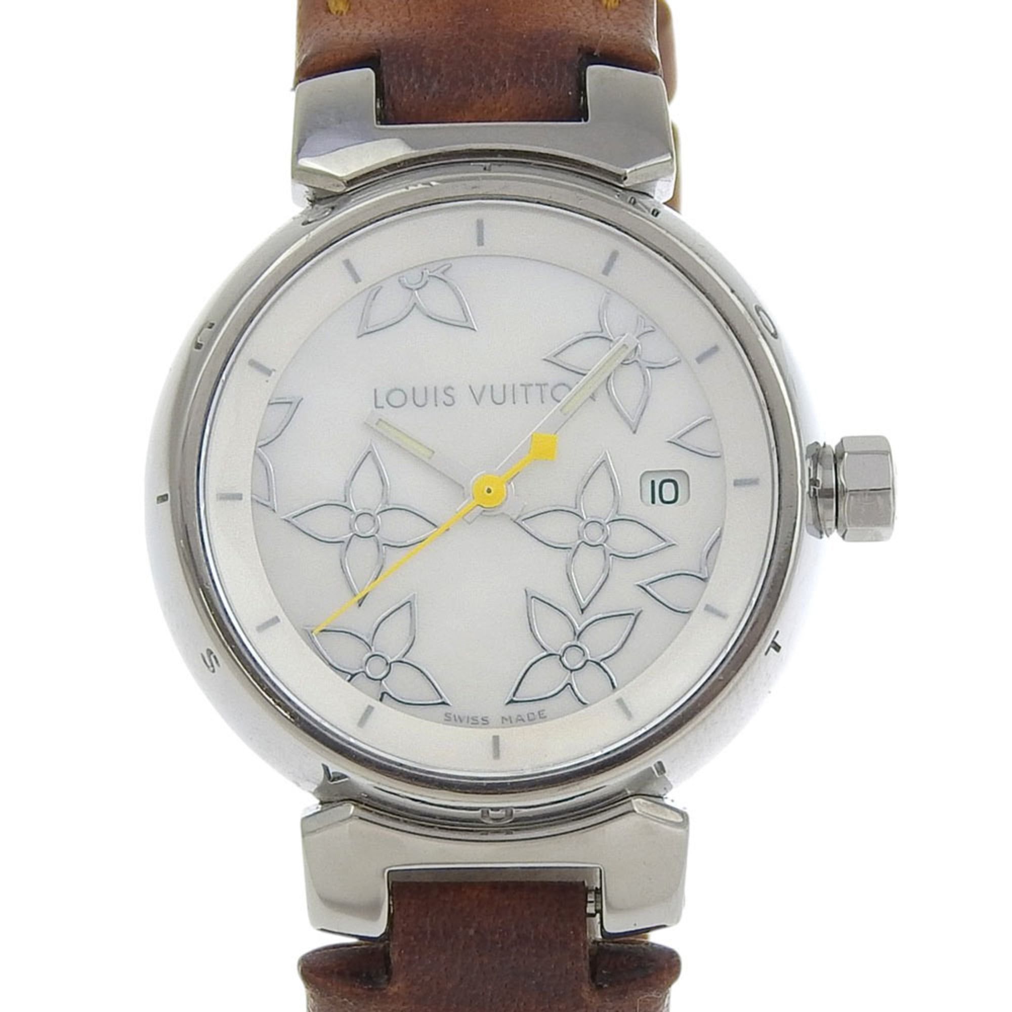 Louis Vuitton Tambour Q121C Watch, Stainless Steel and Leather, Quartz Movement, Analog Display, Whi