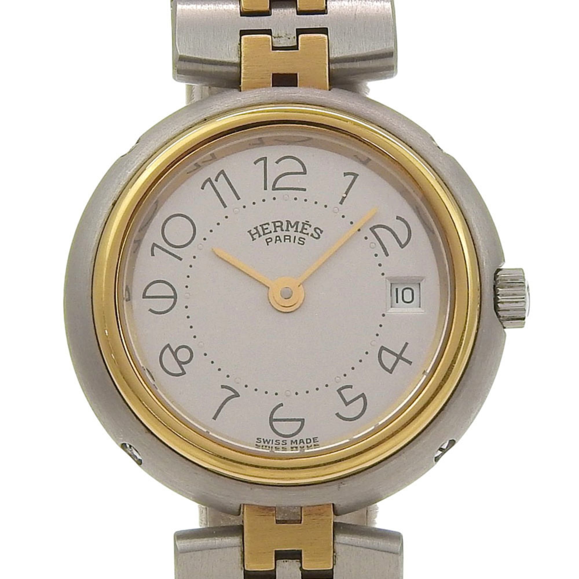 Hermès Profile watch, stainless steel, quartz movement, analog display, silver dial, women's