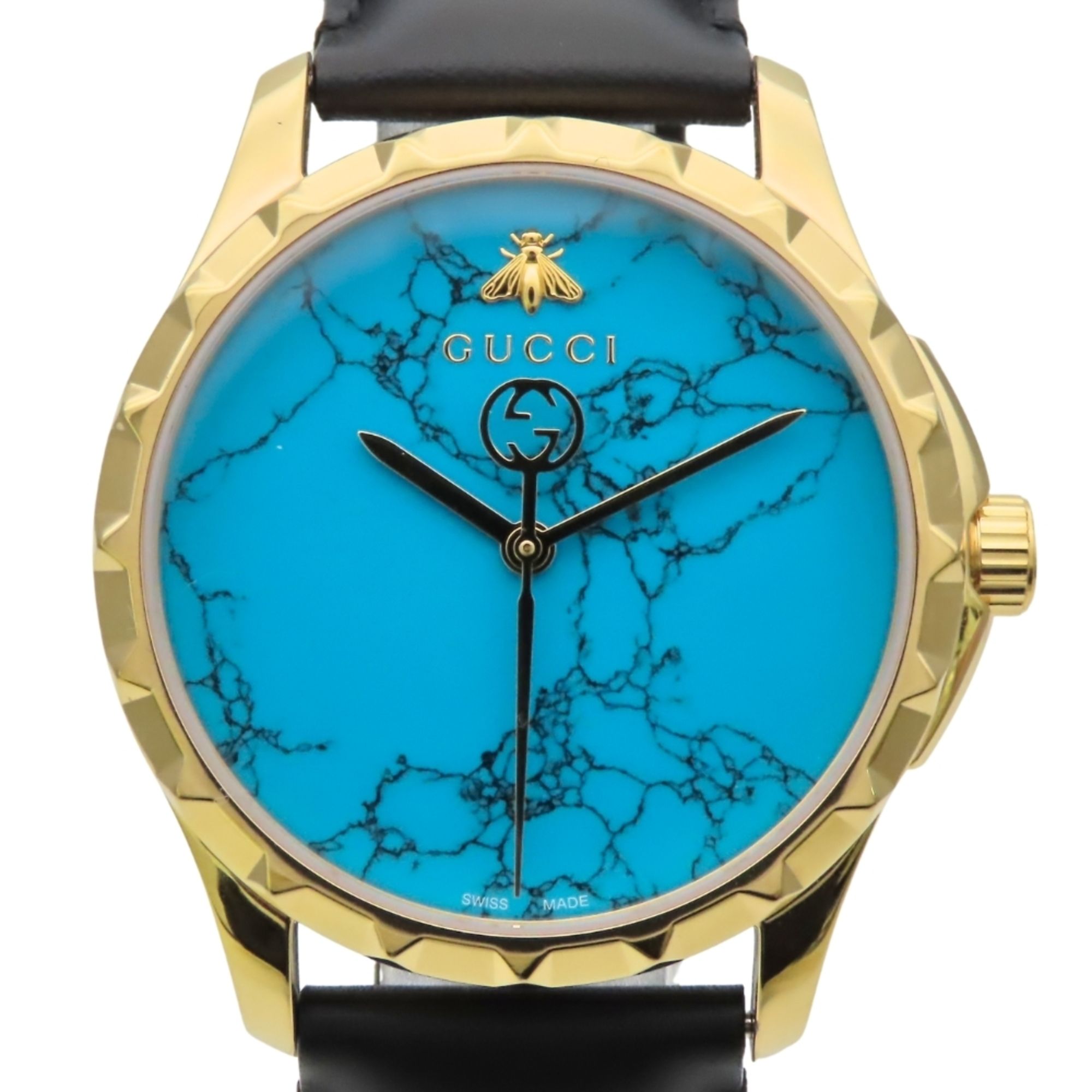 Gucci Bee 126.4 Stainless Steel Leather Watch, Gold, Black, Turquoise Blue, Men's Watch.