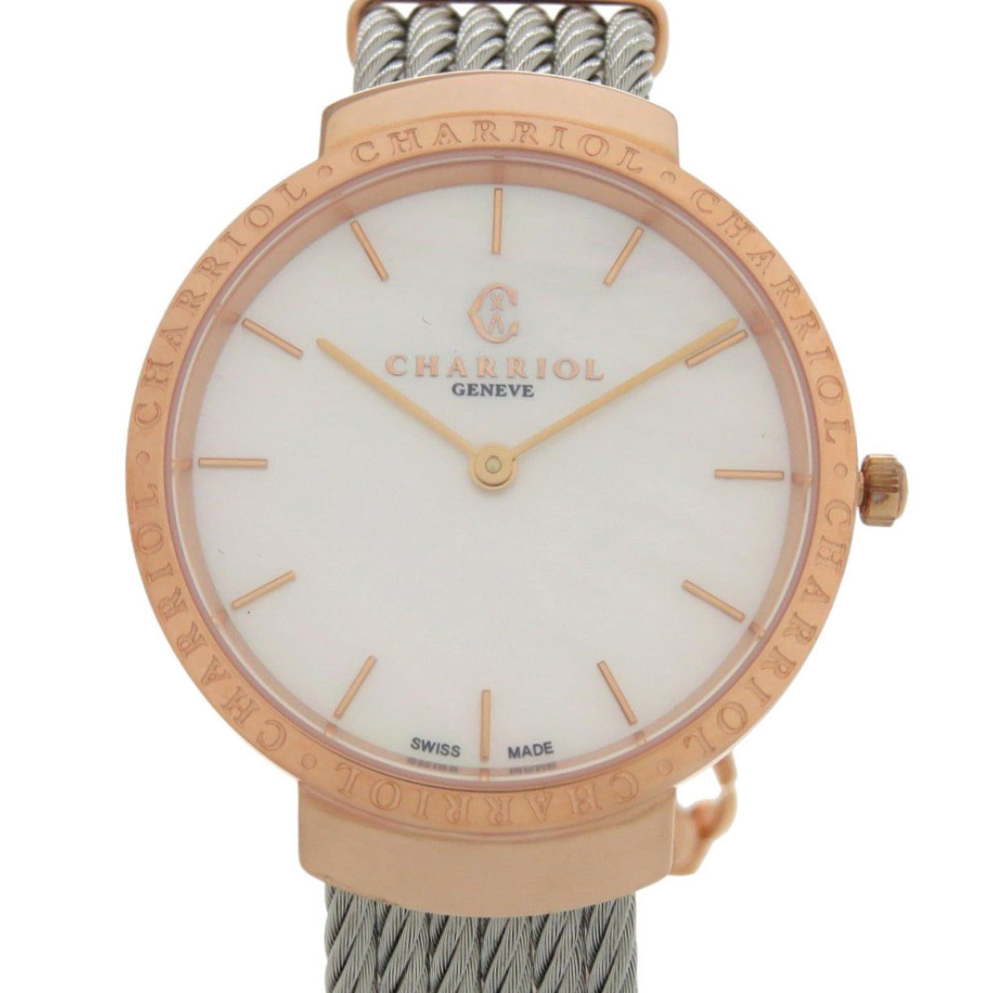 Unused Charriol Saint-Tropez Stainless Steel White Shell with Dial and Pink Gold Quartz Wristwatch 0