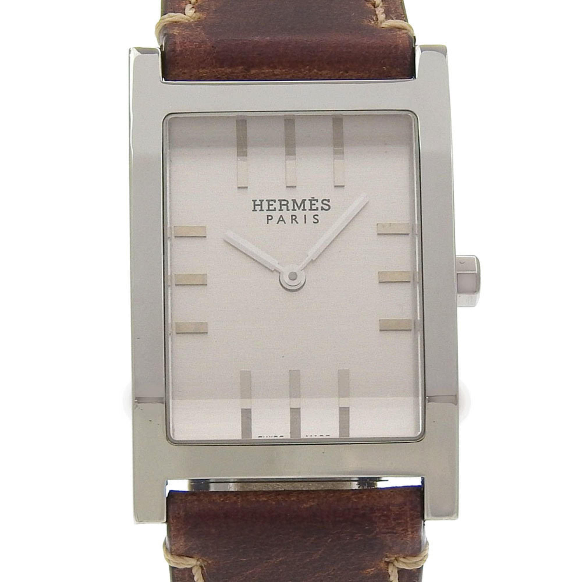 Hermès Tandem Watch TA1.710, Stainless Steel and Leather, Silver Quartz Movement, Analog Display, Di