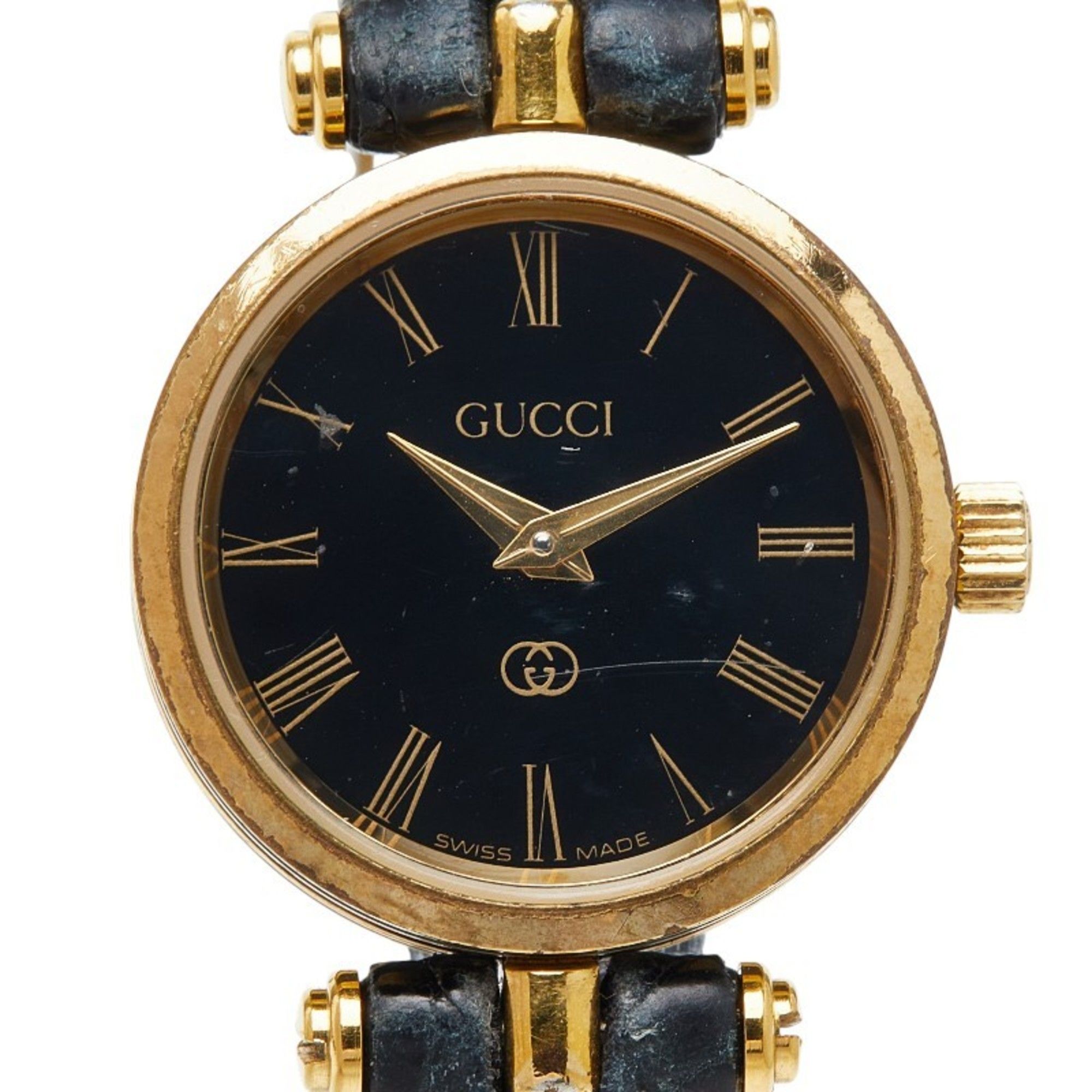 Gucci Women's Quartz Watch with Black Dial, Stainless Steel and Leather Strap